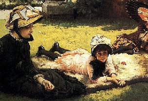 A Victorian era English lady and her daughter are on the grass.  The lady is in the shade, the daughter in the sun.